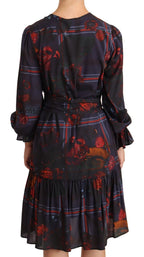 Ballantyne A-line Navy Blue Floral Silk Long Sleeve Knee Length Dress