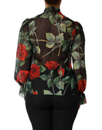 Dolce & Gabbana Black Floral Long Sleeves Silk Blouse Top