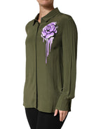 Boutique Moschino Top Green Acetate Collared Long Sleeves Floral Top