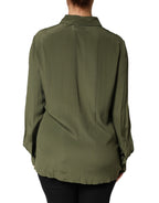 Boutique Moschino Top Green Acetate Collared Long Sleeves Floral Top