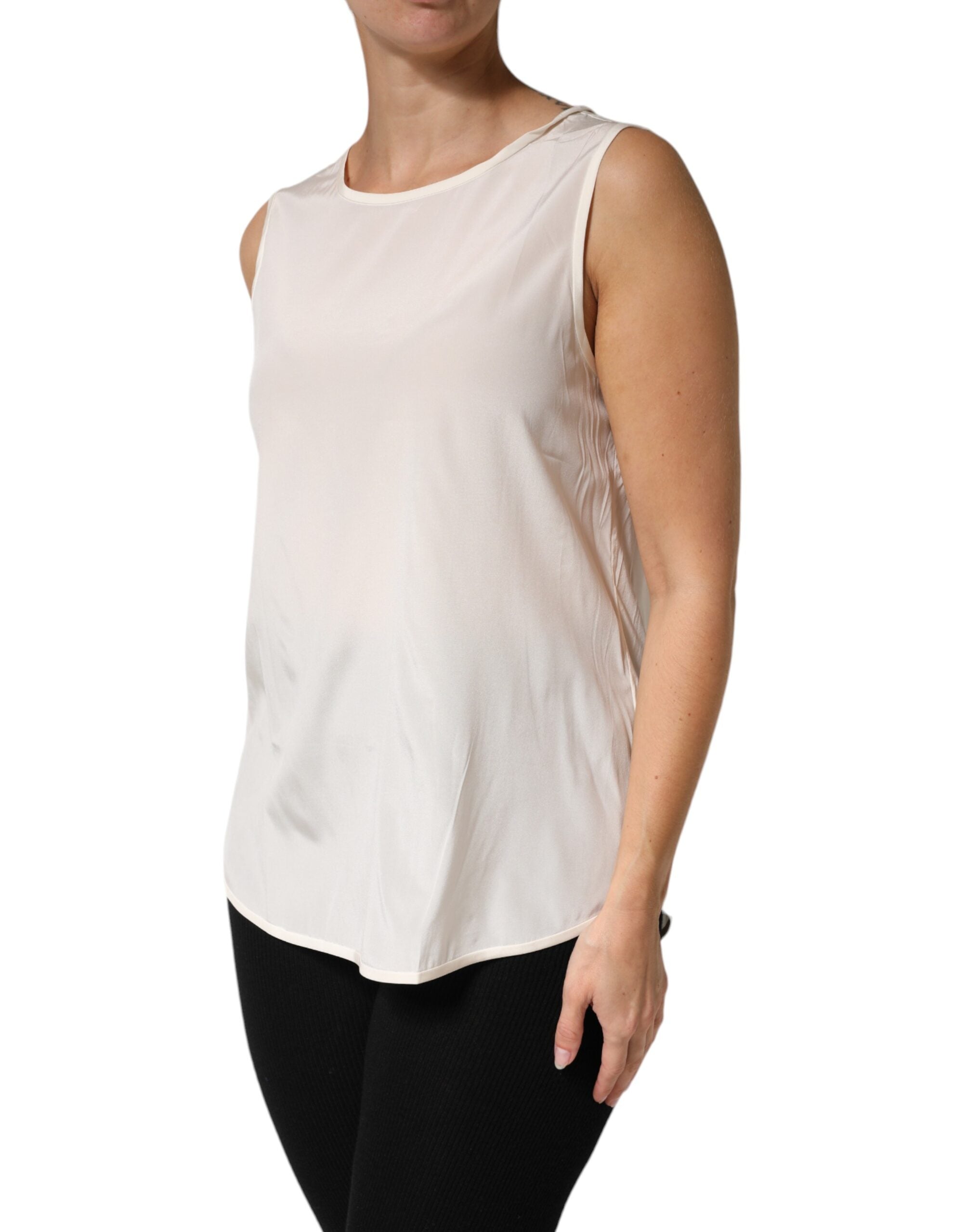 Peserico Off White Silk Stretch Roundneck Sleeveless Tank Top