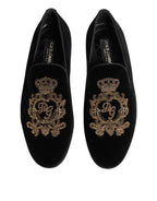 Dolce & Gabbana Black Velvet Gold Crown Mens Loafers Shoes