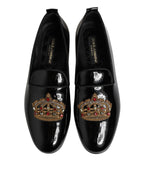 Dolce & Gabbana Black Leather Gold Crown Mens Loafers Shoes