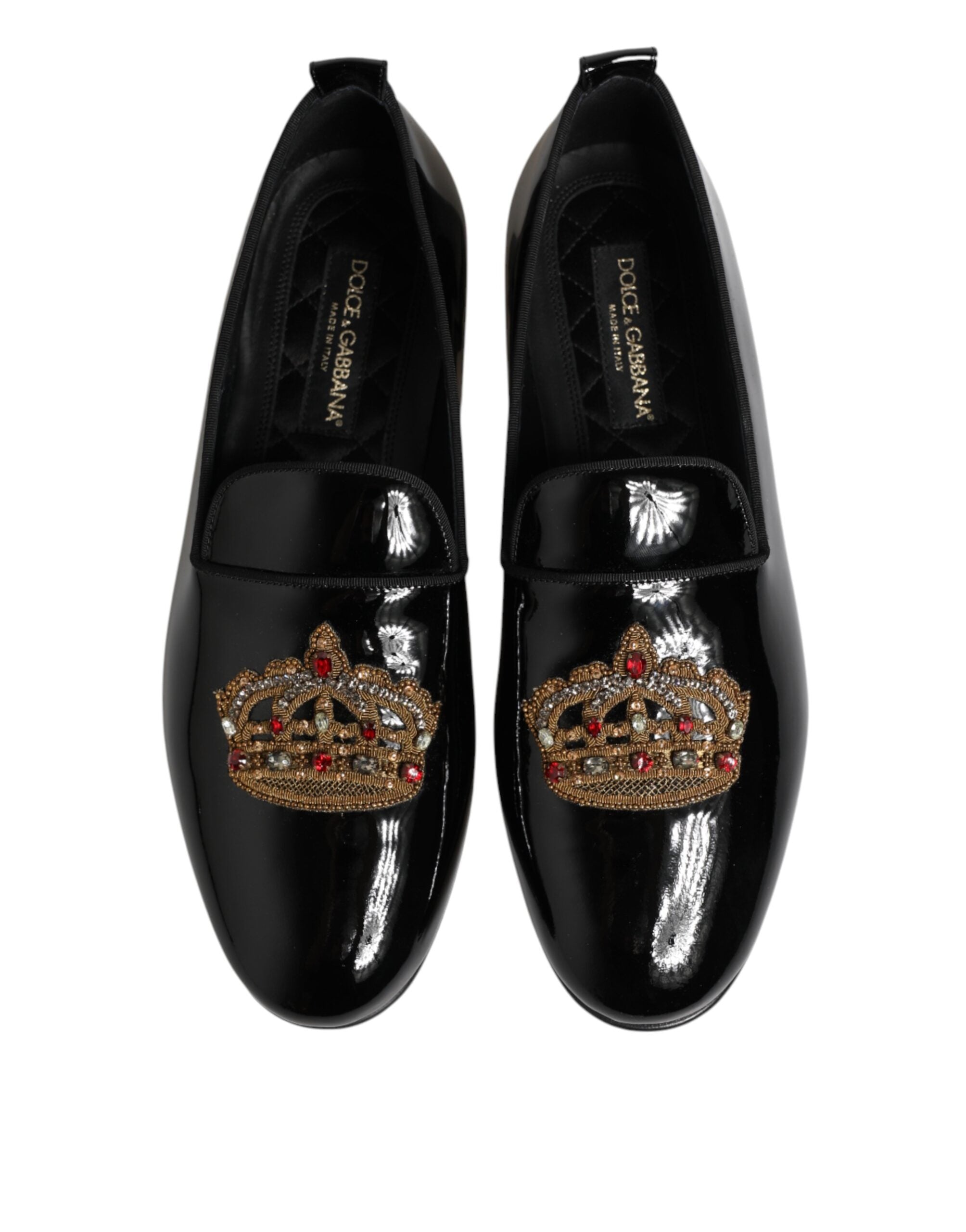 Dolce & Gabbana Black Leather Gold Crown Mens Loafers Shoes