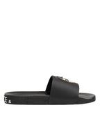 Dolce & Gabbana Black Leather Slides Sandals Beachwear Shoes
