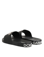 Dolce & Gabbana Black Leather Slides Sandals Beachwear Shoes