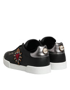 Dolce & Gabbana Black Leather Heart Embellished Sneakers Shoes