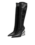 Dolce & Gabbana Black Leather DG Logo Knee High Boots Shoes