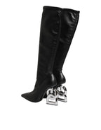 Dolce & Gabbana Black Leather DG Logo Knee High Boots Shoes
