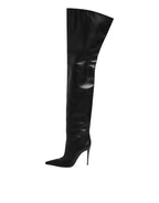 Dolce & Gabbana Black Leather Stiletto Knee High Boots Shoes