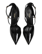 Dolce & Gabbana Black Leather T-STRAPS Heels Sandals Shoes