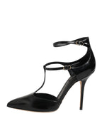 Dolce & Gabbana Black Leather T-STRAPS Heels Sandals Shoes