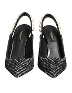 Dolce & Gabbana White Black Chevron Faux Pearl Slingbacks Shoes