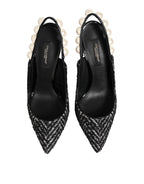 Dolce & Gabbana White Black Chevron Faux Pearl Slingbacks Shoes