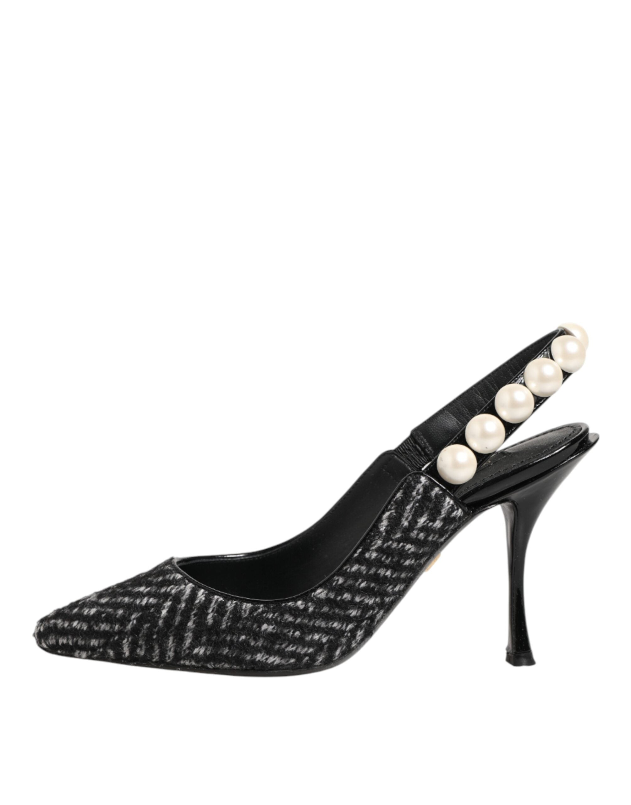 Dolce & Gabbana White Black Chevron Faux Pearl Slingbacks Shoes