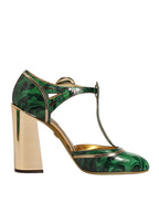 Dolce & Gabbana Green Leather T-STRAPS Heels Sandals Shoes
