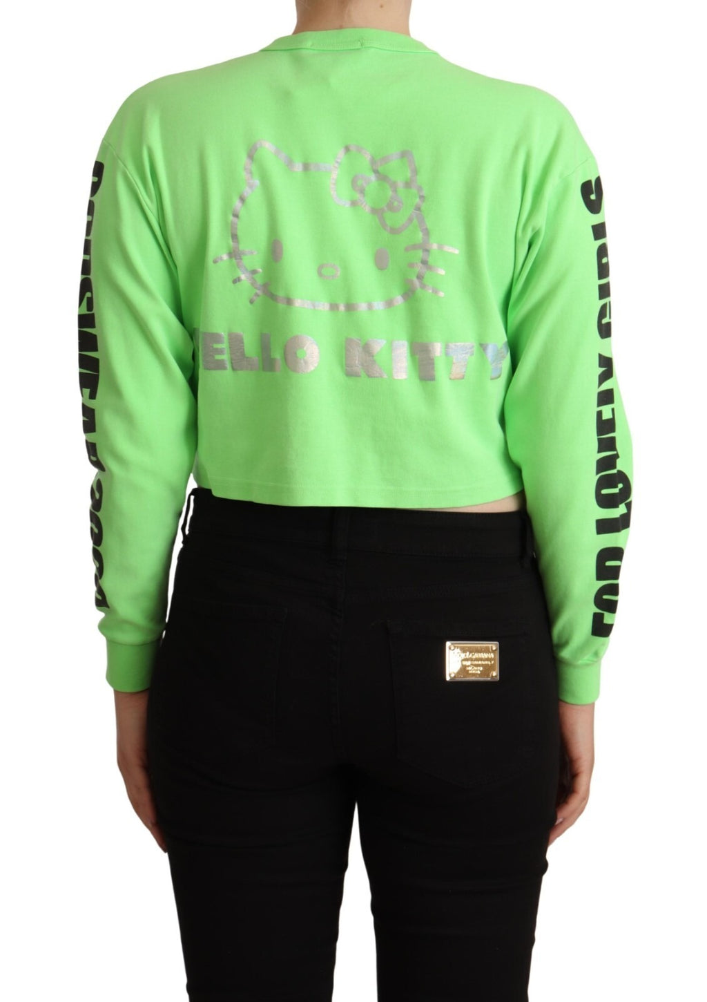 GCDS Mint Green Printed Long Sleeves Cropped Top Sweater