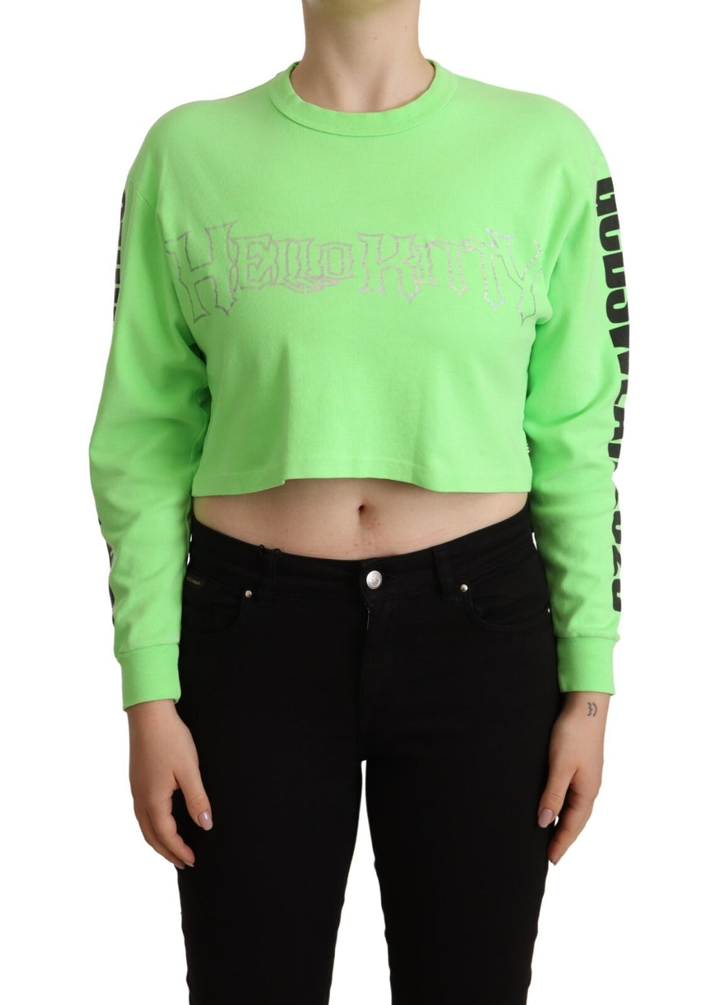 GCDS Mint Green Printed Long Sleeves Cropped Top Sweater