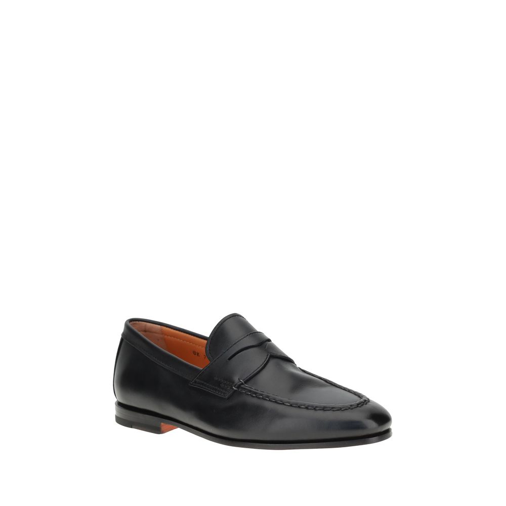 Santoni Black Calf Leather Bos Taurus Slip-On Loafers