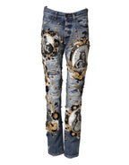 Dolce & Gabbana Blue Ripped Embellished Cotton Denim Jeans