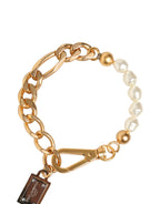 Dolce & Gabbana Gold Tone Brass Faux Pearl Logo Embellish Charm Bracelet