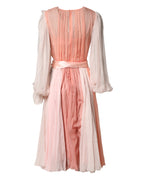 Dolce & Gabbana Pink Silk Tulle Long Sleeve V-neck Dress