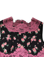 Dolce & Gabbana Black Pink Floral Lace Silk Sheath Dress