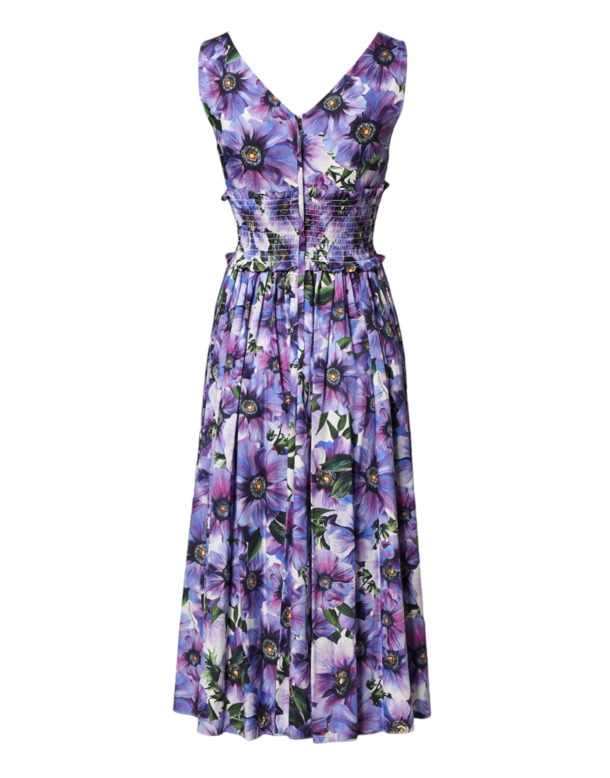 Dolce & Gabbana Purple Anemone Print Pleated Midi Dress