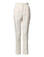 Dolce & Gabbana White Cotton Floral Brocade Dress Pants