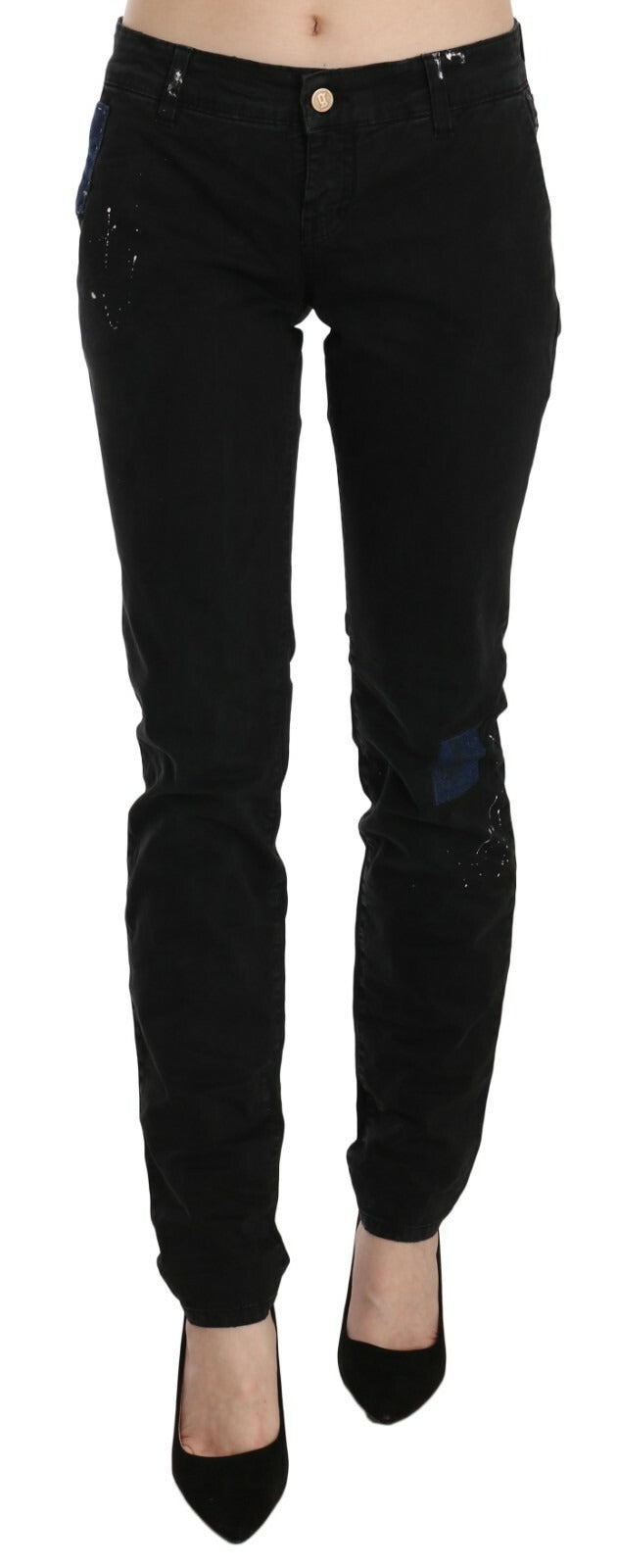 John Galliano Black Low Waist White Paint Skinny Denim Pants Jeans
