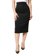Dolce & Gabbana Black Cotton Pencil Cut High Waist Midi Skirt