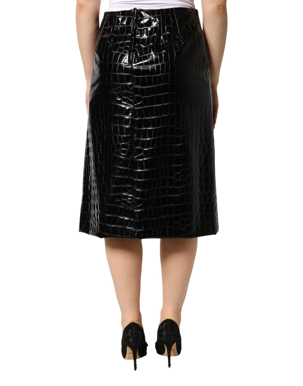 Dolce & Gabbana Black Croc Faux-Leather Mid Waist Midi Skirt