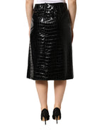 Dolce & Gabbana Black Croc Faux-Leather Mid Waist Midi Skirt