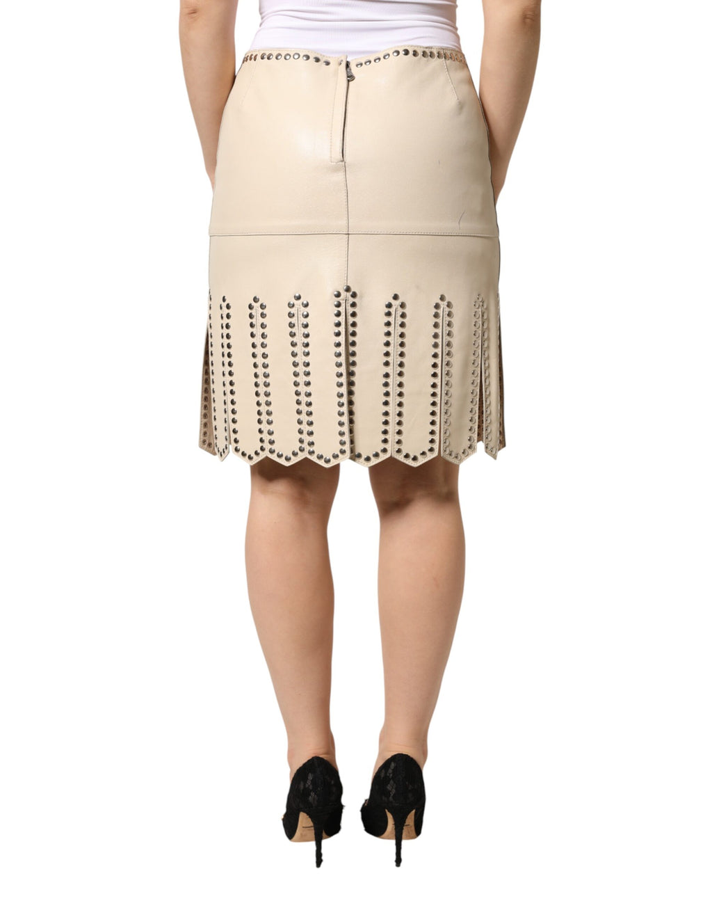 Dolce & Gabbana Beige Leather Studs Mid Waist Mini Skirt